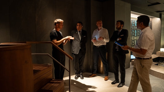 George Kyriacou and the team beside an Arctic Barrel ice bath at Sanara Spa, Grosvenor House Dubai