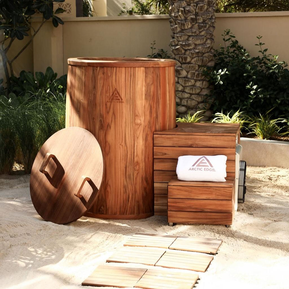 Arctic Barrel teak ice bath with chiller cover, step and lid